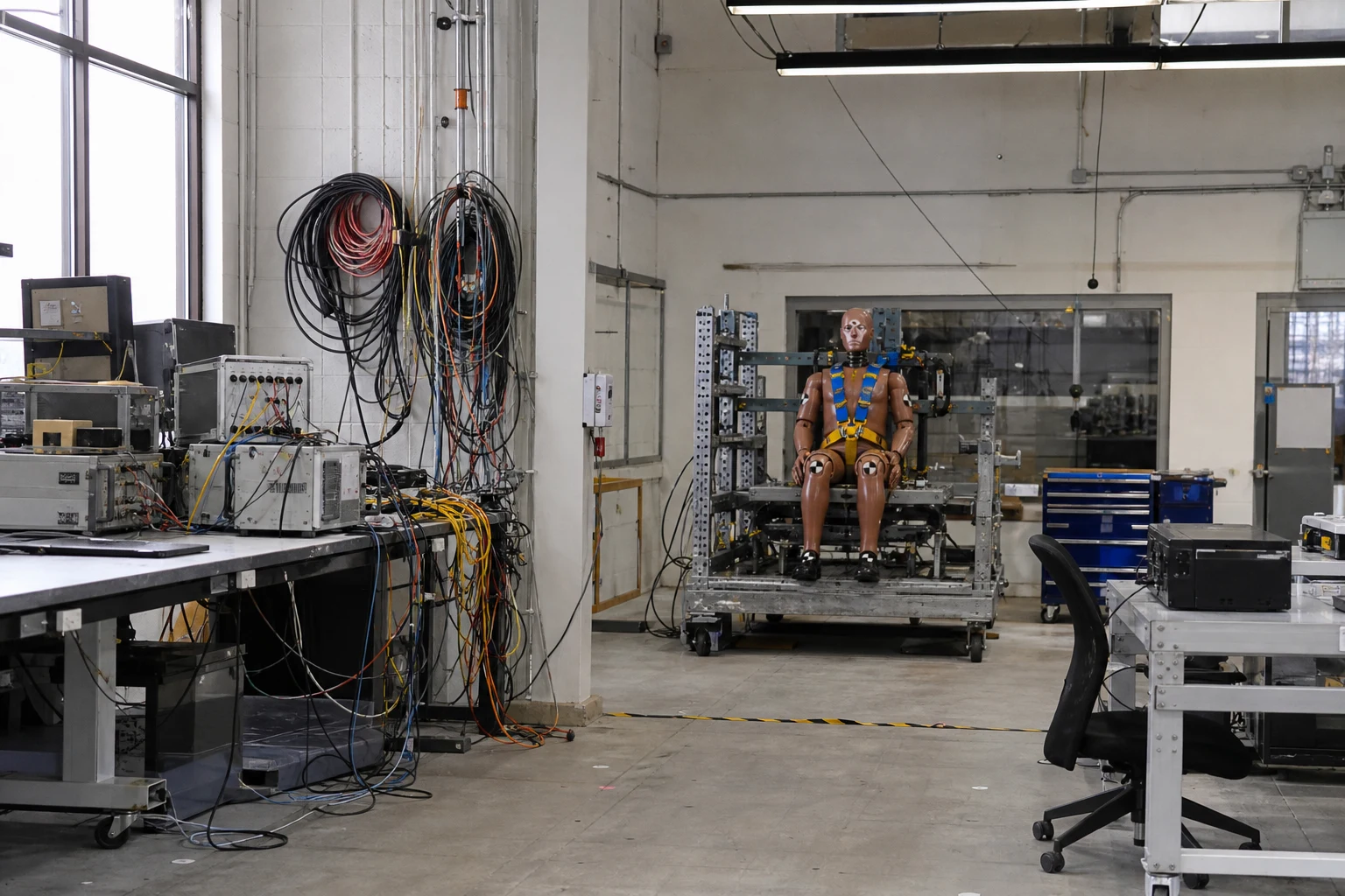 Automotive engineering test lab with a crash-test dummy seated upright on a metal rack and calibrated instrumentation cables coiled — the testing protocols a Fort Wayne auto manufacturer attorney subpoenas during discovery
