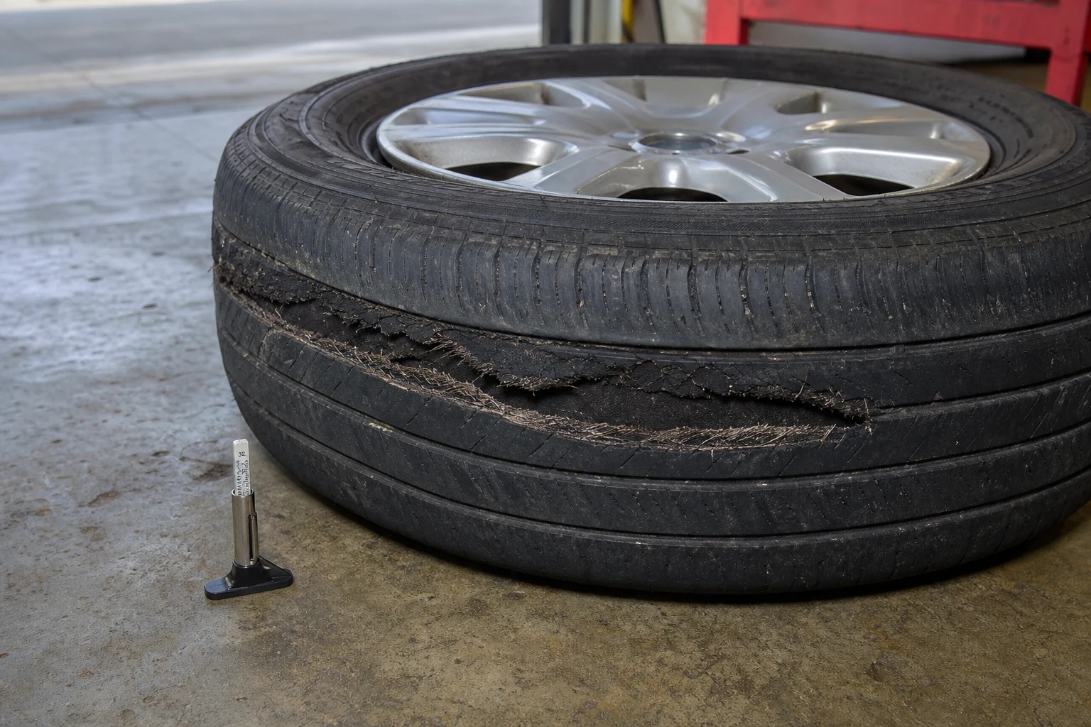 Passenger-car tire with visible tread-belt separation along one side, mounted on a wheel on a concrete shop floor next to a tread-depth gauge — the kind of tire-defect evidence a Fort Wayne auto product liability lawyer documents