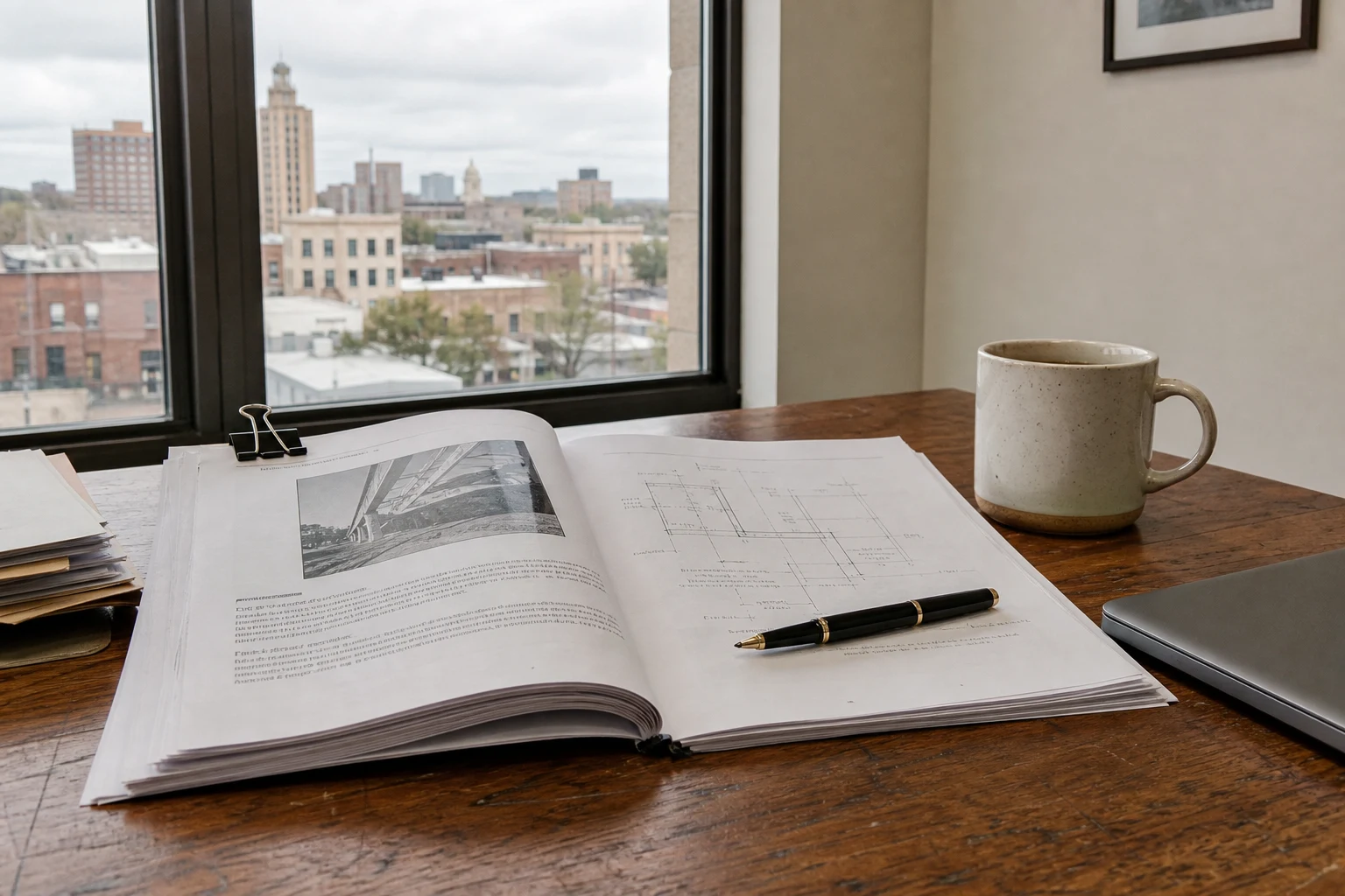 Open expert-witness engineering report bound with a clip on a wooden desk, a fountain pen, a coffee mug, a closed laptop in the corner — the expert testimony every Fort Wayne auto manufacturer liability case relies on