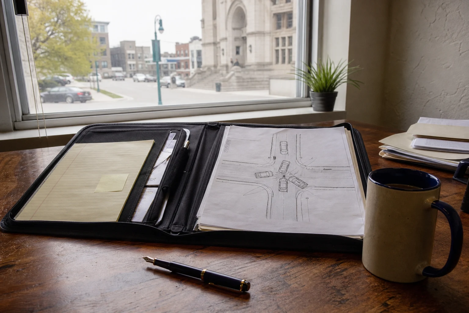 At a Fort Wayne auto manufacturer liability attorney's wooden desk — an open auto-defect case-file portfolio with a printed crash-reconstruction sketch, a coffee mug, a fountain pen, late-afternoon window light