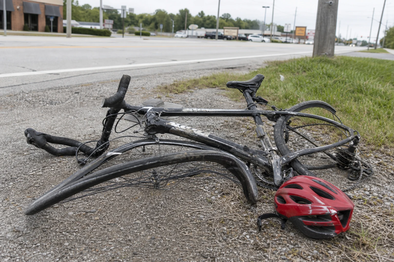 Mangled road bicycle on a Fort Wayne street shoulder — bent front wheel taco'd into a sharp curve, twisted handlebar, scraped frame, chain hanging loose, red helmet scuffed nearby — the scene a Fort Wayne bicycle accident attorney photographs first