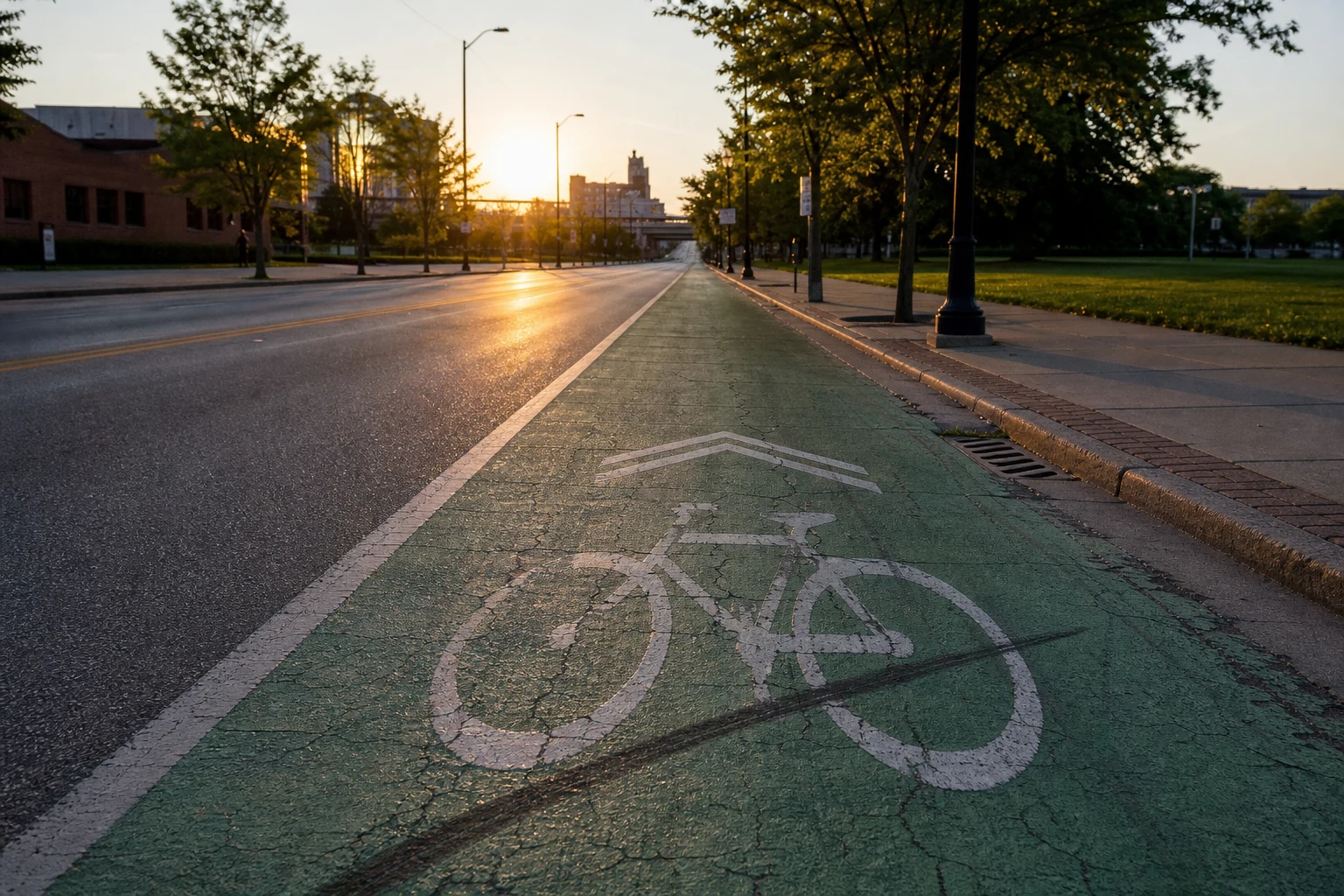 Faded green-painted bike lane along a Fort Wayne city street at golden hour with the white bicycle pictogram and a single black skid mark crossing it diagonally — the kind of bike-lane infrastructure an Indiana bicycle crash lawyer cites in liability