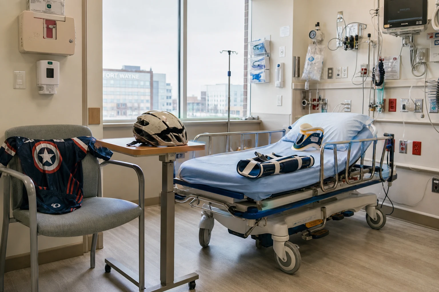 Empty Fort Wayne hospital ER bay with a folded cycling jersey on a chair, a cracked bike helmet on the bedside table, a wheeled stretcher with a cervical collar and leg-immobilization splint — the medical timeline of a Fort Wayne bicycle accident case