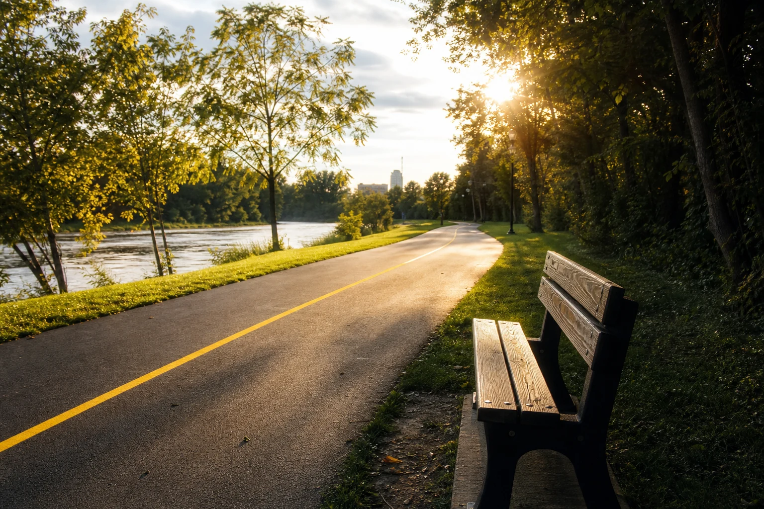 Fort Wayne Rivergreenway paved trail along the St. Marys River at golden hour with freshly painted yellow center stripe and trees on both sides — a mixed-use trail where pedestrian-cyclist crashes happen