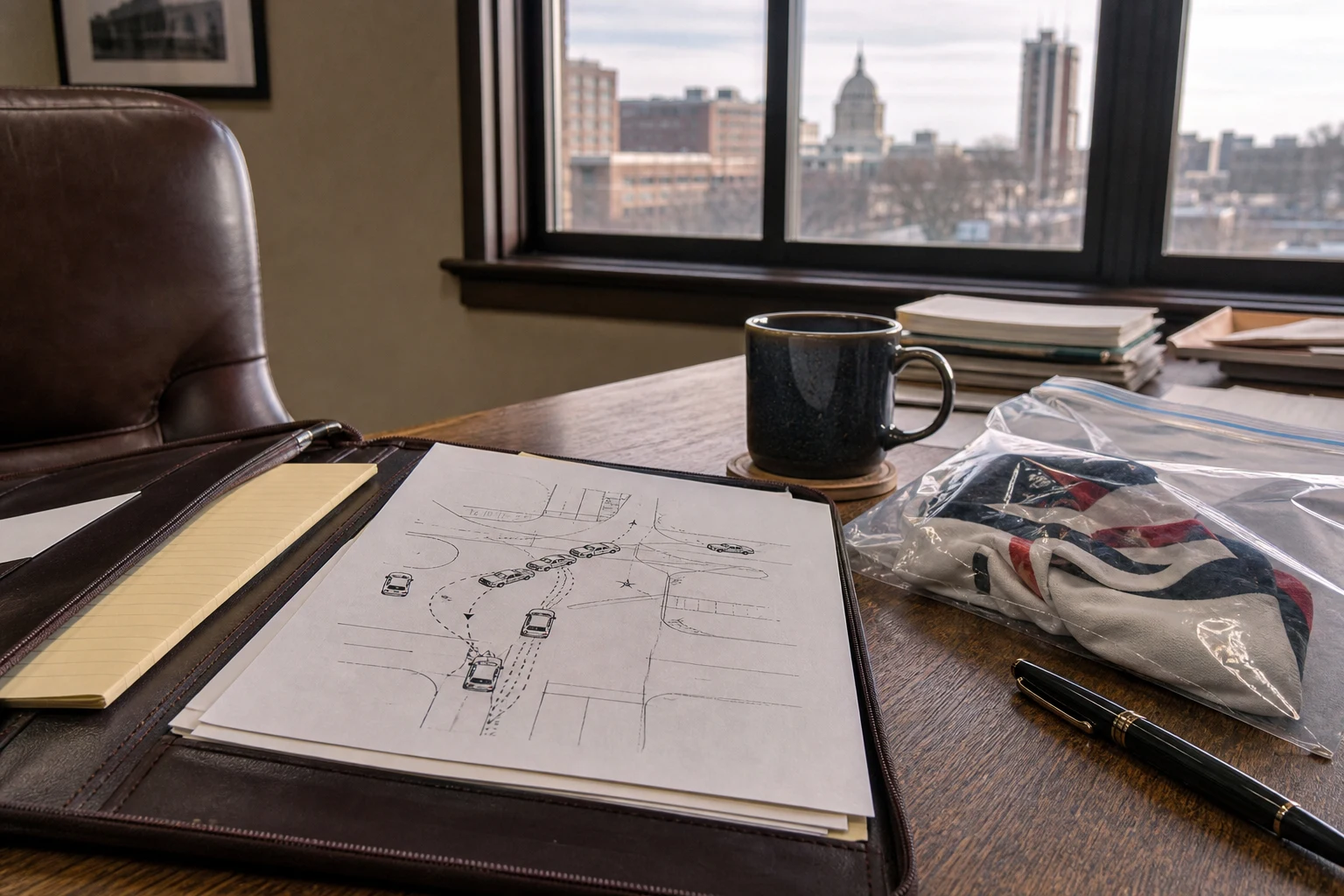 En el escritorio de madera de un abogado de accidentes de bicicleta en Fort Wayne: un expediente abierto con un diagrama impreso de reconstrucción del accidente, un fragmento de camiseta de ciclismo dentro de una bolsa de evidencia, una taza de café y una pluma fuente