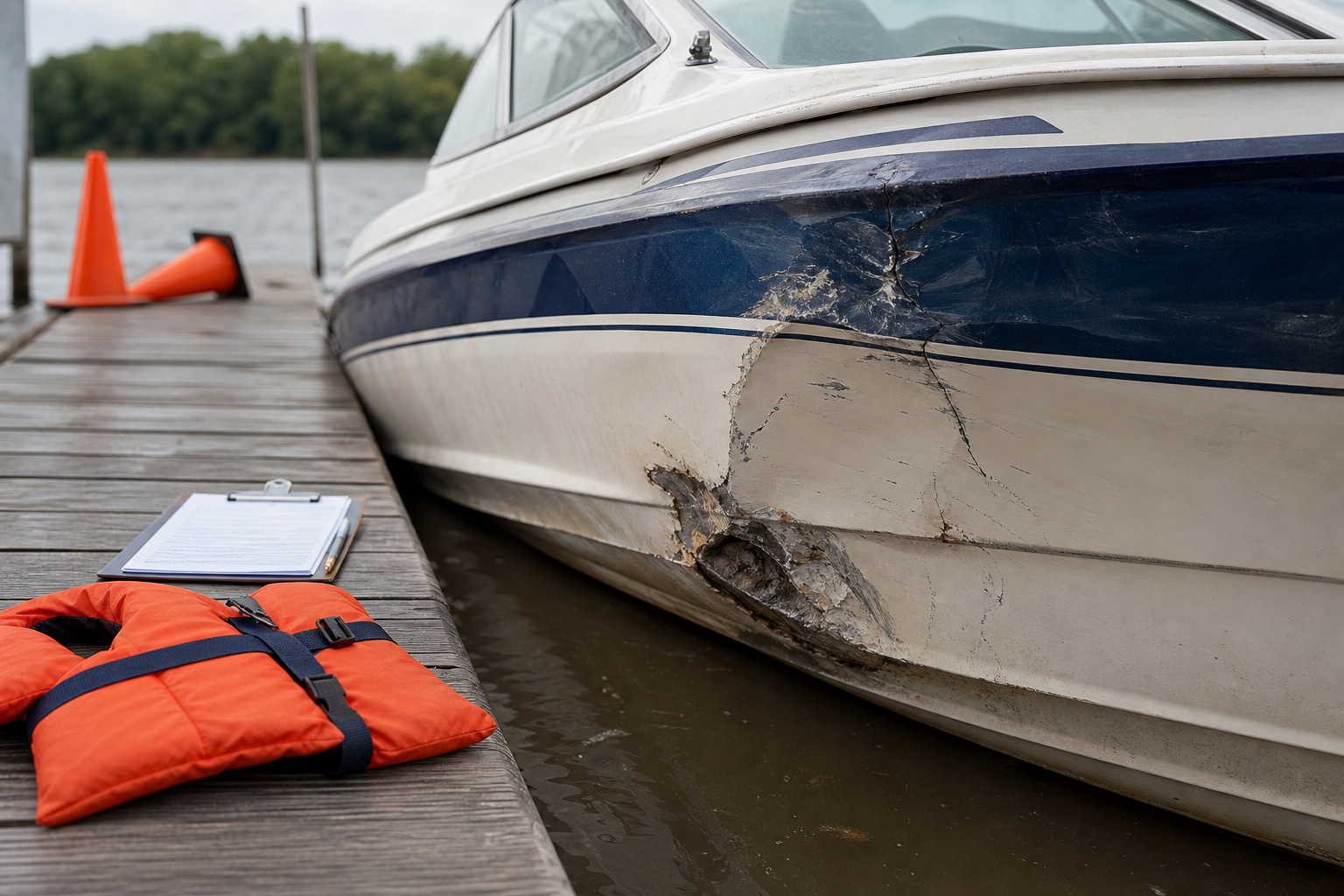 Damaged boat hull and life jacket near a dock after a boating accident