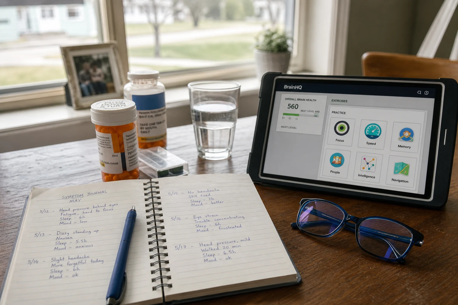 Fort Wayne brain injury scene — symptom diary desk