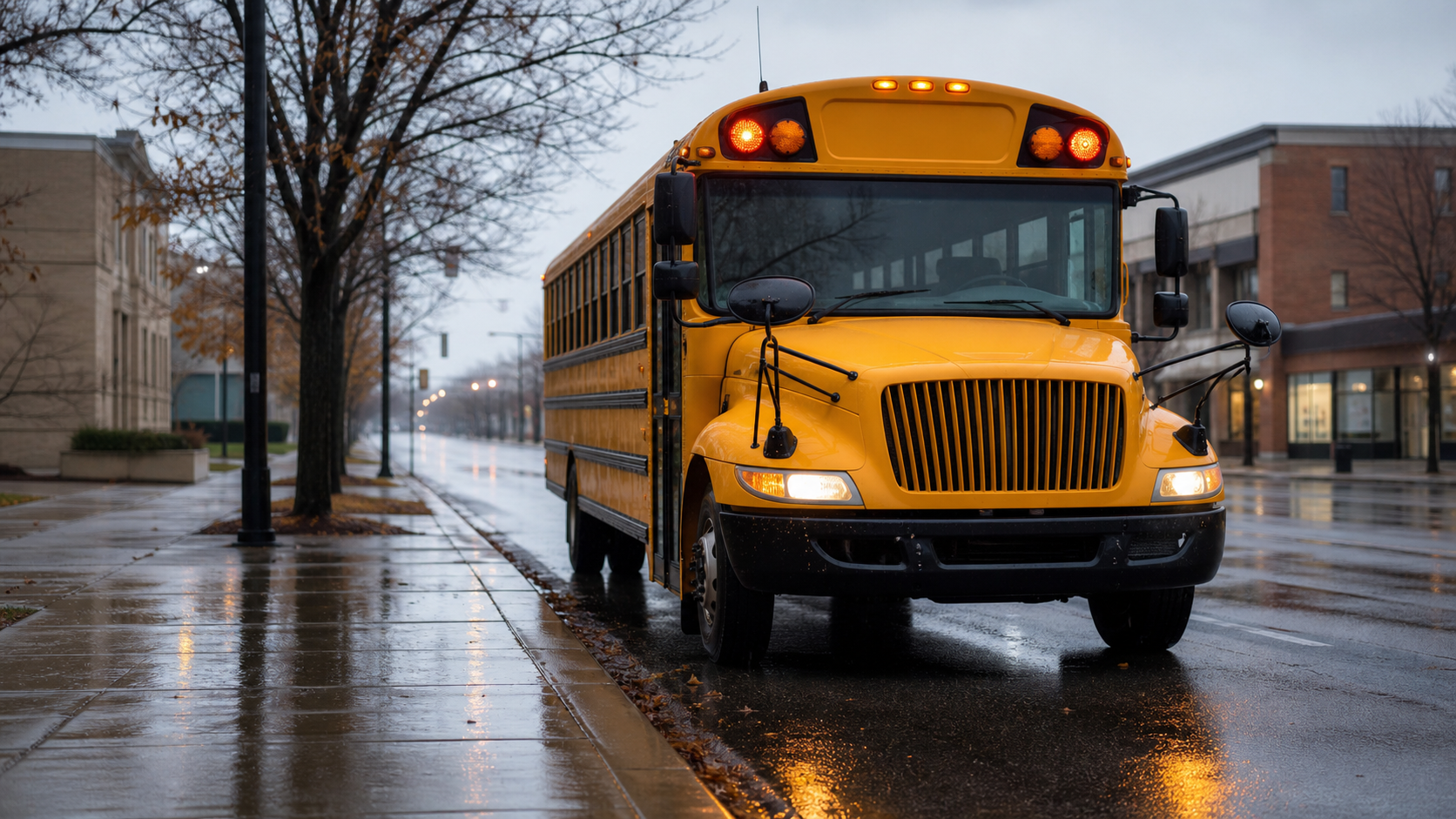 School bus stopped at a curb after a Fort Wayne bus accident investigation.