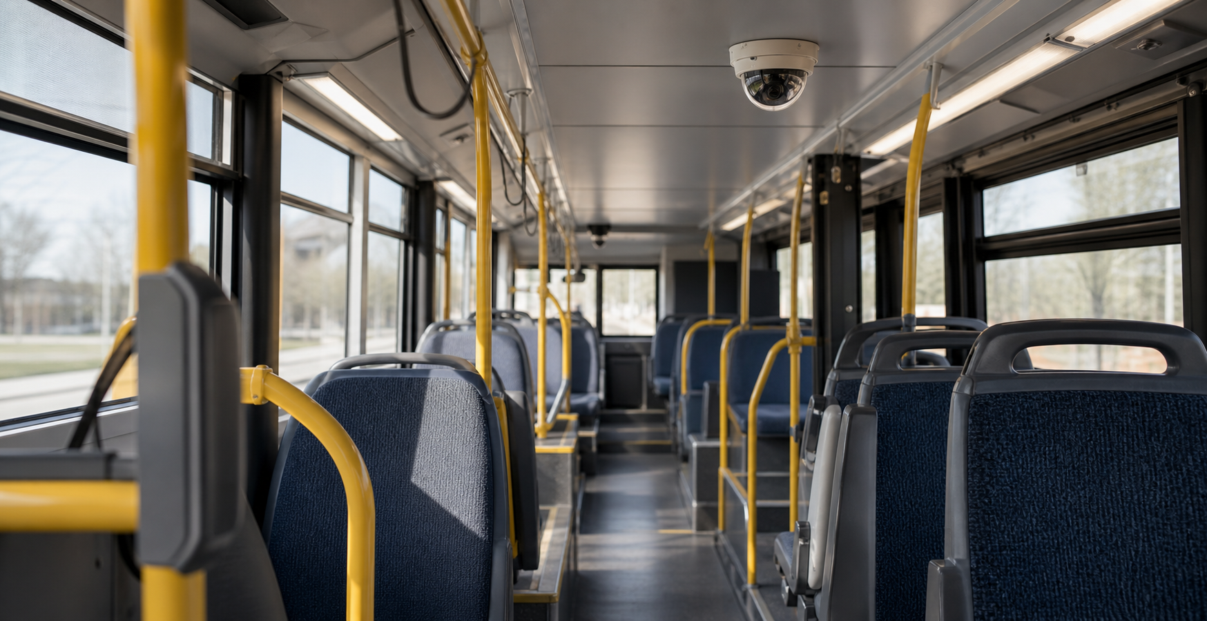 Onboard bus camera and empty transit seats showing evidence that may matter in a bus accident case.