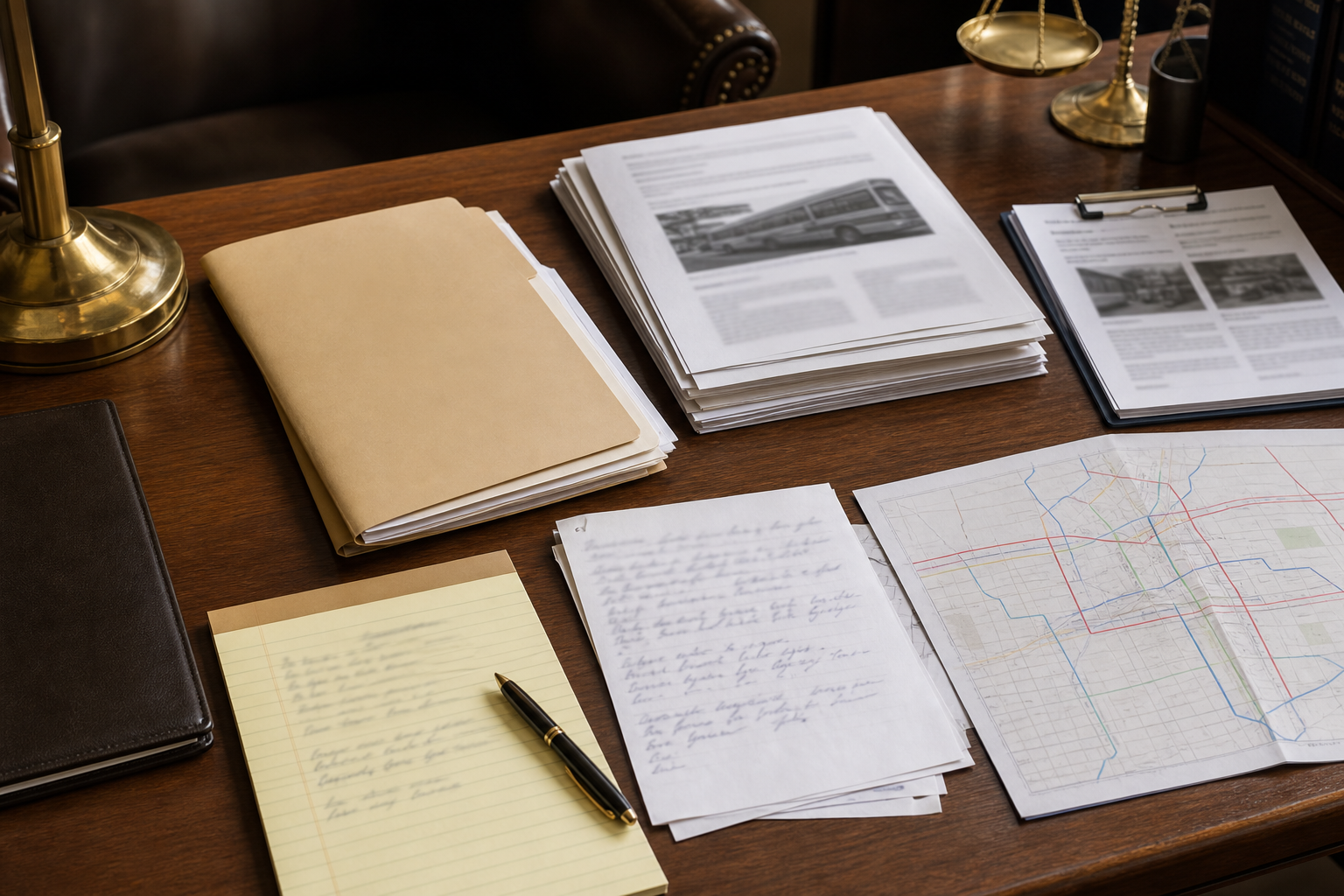 Bus accident evidence folder with route map, crash report, and witness notes on an attorney desk.