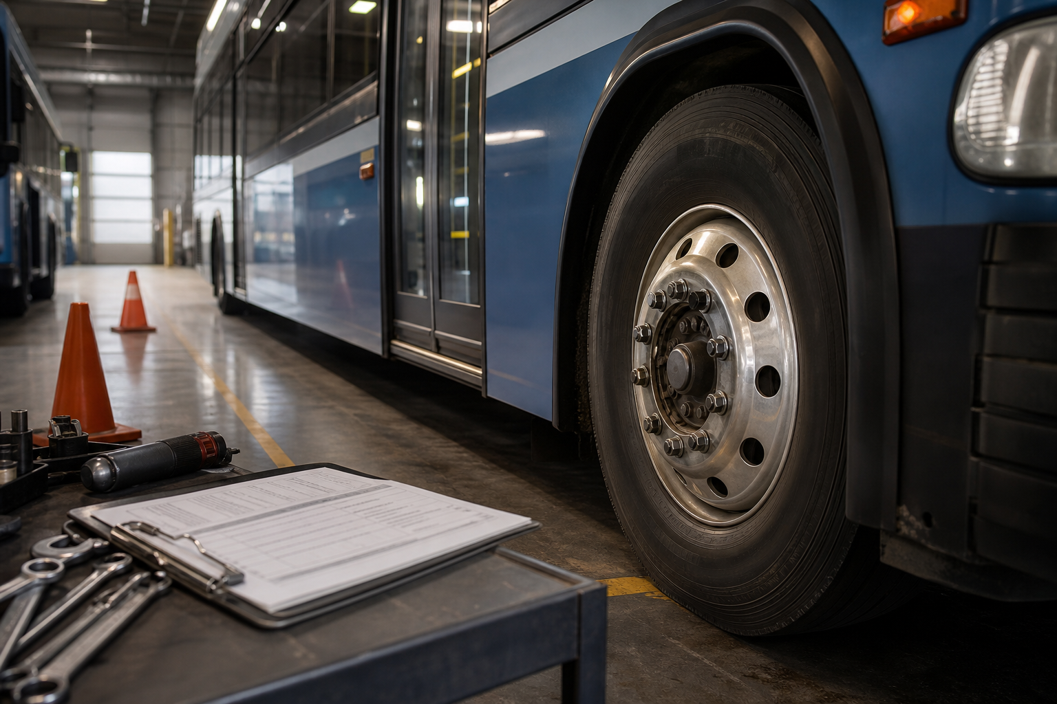 Bus maintenance bay with inspection clipboard and records that may matter in a bus crash claim.