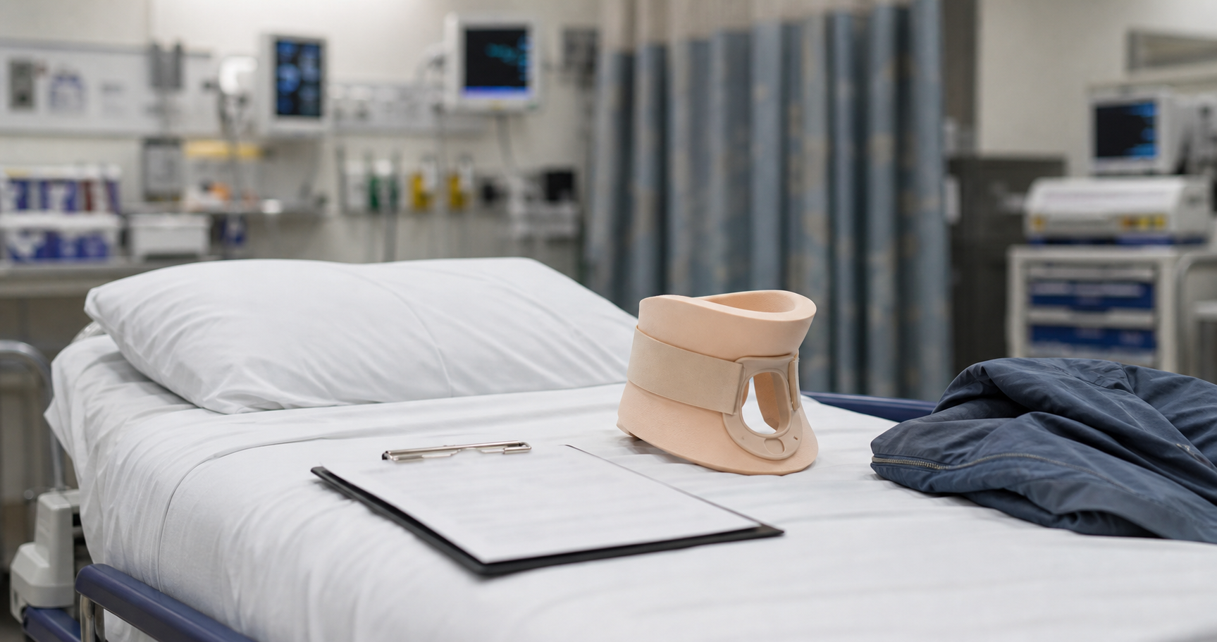 Emergency room records and neck collar after a Fort Wayne bus accident injury.