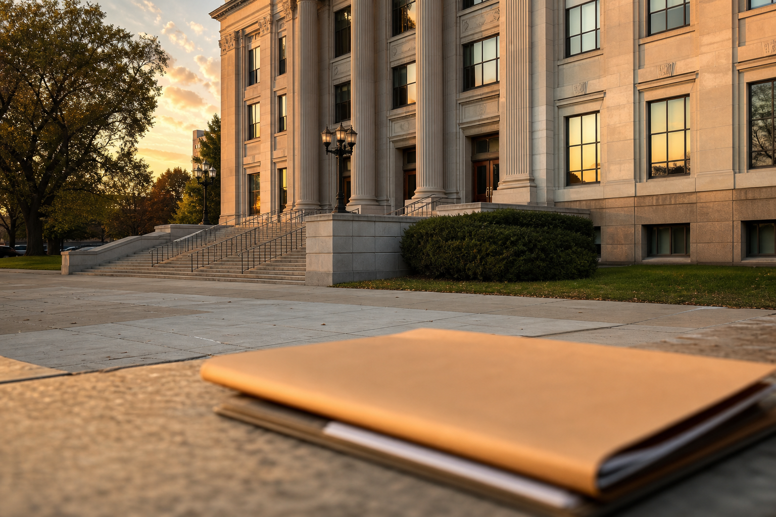 Allen County courthouse and legal folder for a Fort Wayne bus accident lawsuit.