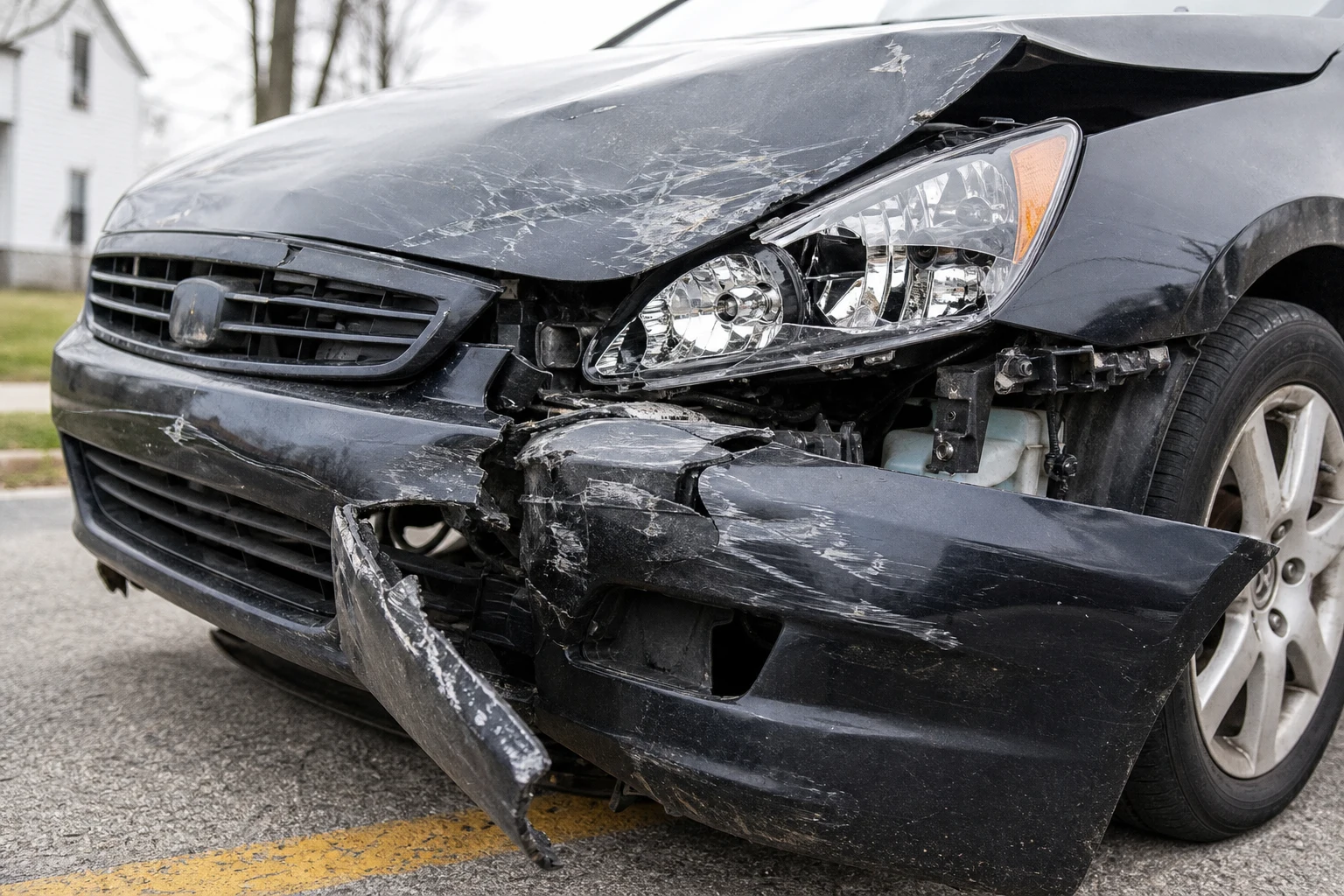 Fort Wayne car accident damage close-up — crumpled front bumper, paint scraped to bare metal, the bumper cover hanging loose, and a cracked headlight assembly. Damage patterns prove speed at impact and the angle of contact in every Indiana car-accident claim