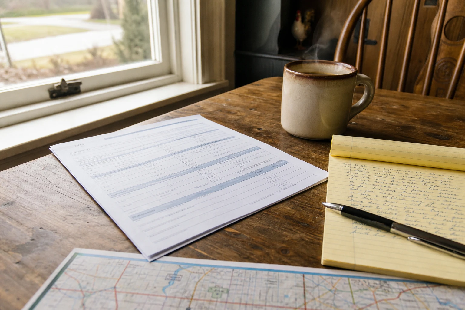 An Indiana auto-insurance declaration page on a Fort Wayne kitchen table next to a coffee mug, a yellow legal pad, a pen, and the corner of a Fort Wayne paper map. Reading every page of every policy is how a Fort Wayne car accident attorney finds the coverage stacking that pays the claim