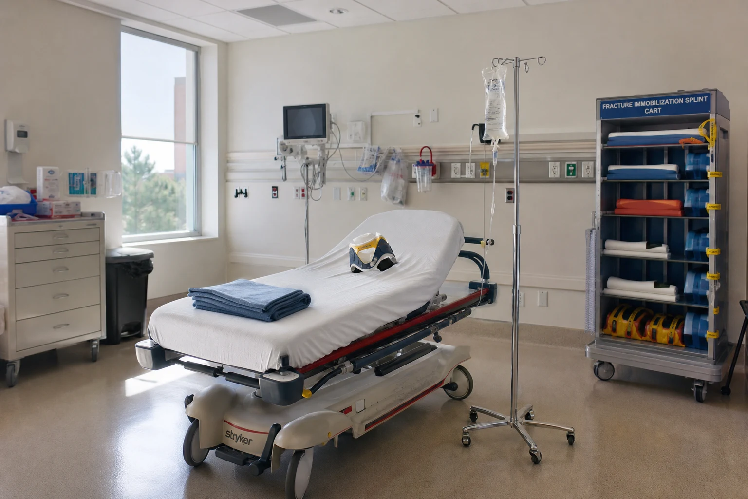 An empty Fort Wayne hospital emergency-department bay with a wheeled stretcher, IV pole, cervical collar, and fracture-immobilization splint cart. The first 48 hours after a Fort Wayne car accident set the medical record that the carrier will spend the rest of the case attacking