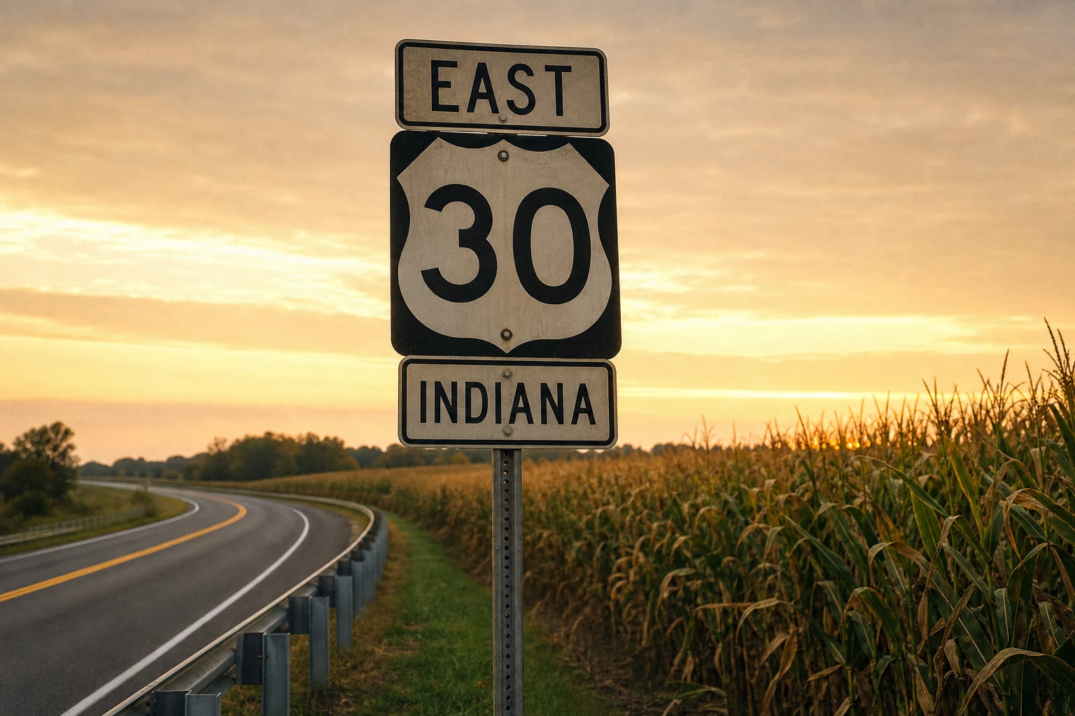 US-30 East Indiana highway shield beside a two-lane rural Allen County road at golden hour, freshly painted yellow center line curving into the distance, late-summer cornfield to the right. Indiana car-accident statutes apply on every Fort Wayne corridor — from I-69 to the smallest county road in Allen County
