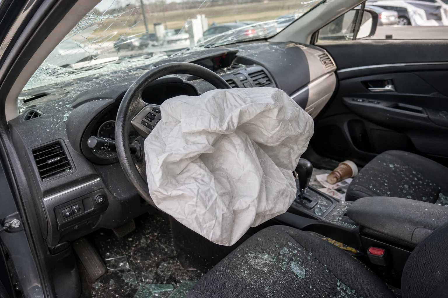 Interior of a sedan after a Fort Wayne car accident — a fully deployed, crumpled steering-wheel airbag, a slightly cracked dash, and glass shards on the dashboard. A deployed airbag is documented evidence of a high-energy crash that carriers cannot rebut in negotiation