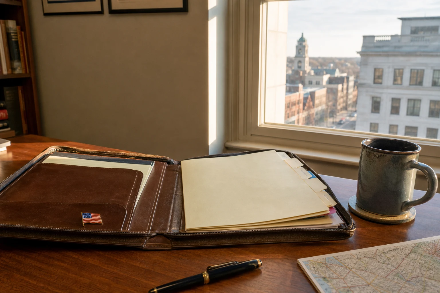 At a Fort Wayne car accident attorney's desk — an open case-file portfolio for an Allen County crash claim, a coffee mug, a fountain pen, the corner of a Fort Wayne street map, and an American flag pin. We read every page of every file, not just the police report