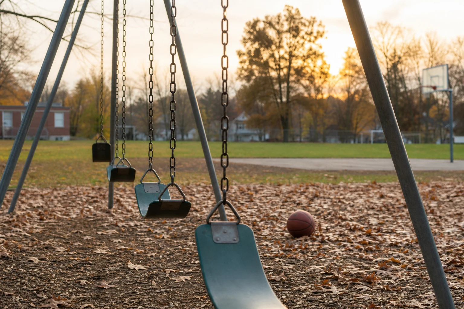 Empty playground swing set at a Fort Wayne city park at golden hour with autumn leaves on the wood-chip safety surface and a half-deflated basketball in soft focus — the everyday places where Fort Wayne child accident cases originate