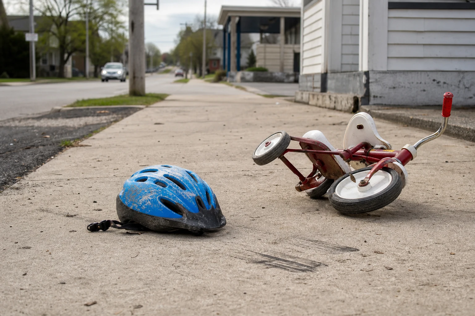 Small child-sized bike helmet tipped over on a Fort Wayne sidewalk next to a tricycle on its side, helmet shell scratched, scuff marks on the concrete — the immediate scene a Fort Wayne child accident lawyer photographs
