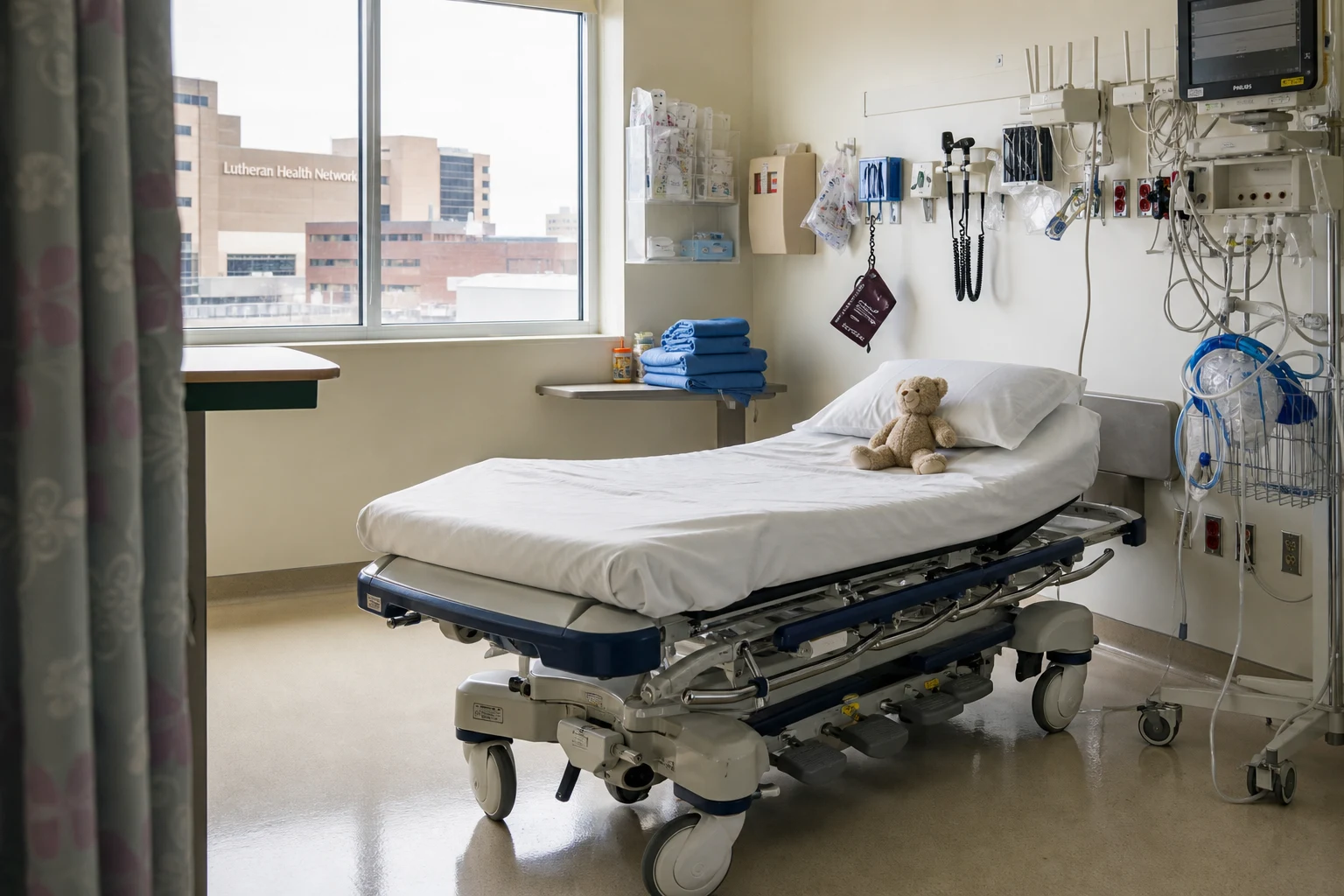 Empty Fort Wayne pediatric ER bay with a small wheeled stretcher, a teddy bear on the bed, a child-sized blood-pressure cuff on a hook, folded blue blankets — the medical context behind every Indiana child injury claim