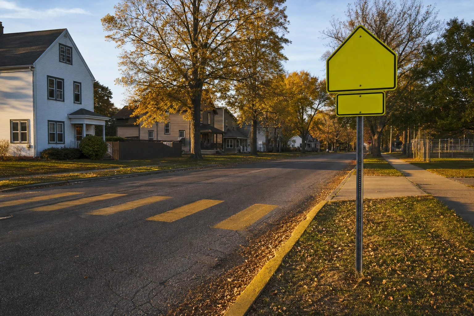 Faded yellow school-zone crosswalk on a Fort Wayne residential street at golden hour with a SCHOOL ZONE road sign and school-bus-yellow curb paint — the kind of infrastructure a Fort Wayne child accident attorney documents