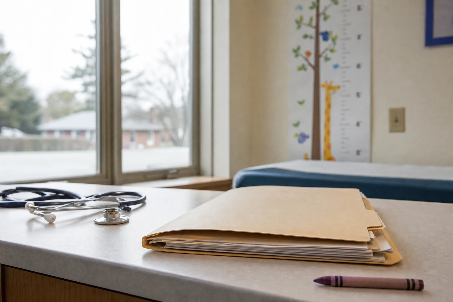 Manila pediatric medical chart folder on a clinic desk next to a small stethoscope, a height-chart wall poster in soft focus, and a kindergarten-rounded crayon — pediatric records a Fort Wayne child accident lawyer reads in every case