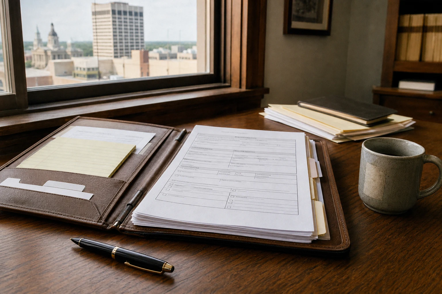 At a Fort Wayne child accident attorney's wooden desk — an open case-file portfolio for a minor's claim with a printed Indiana minor's-trust form, a coffee mug, a fountain pen, late-afternoon window light