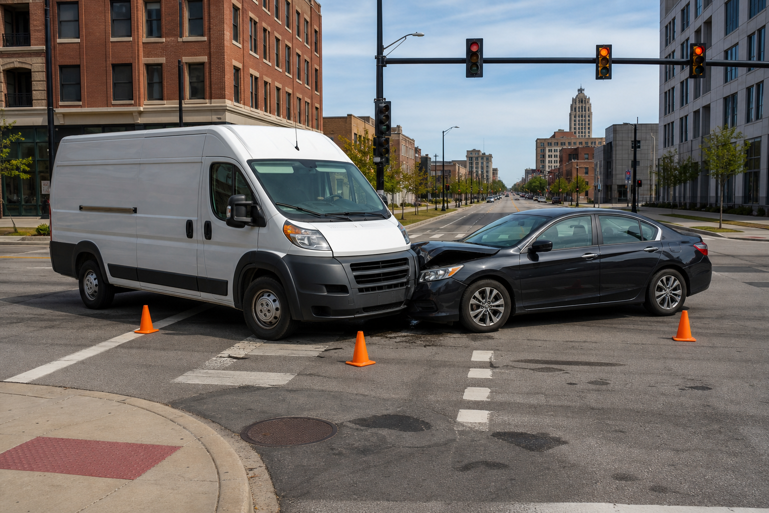 Delivery van and passenger car after a non-graphic Fort Wayne intersection crash