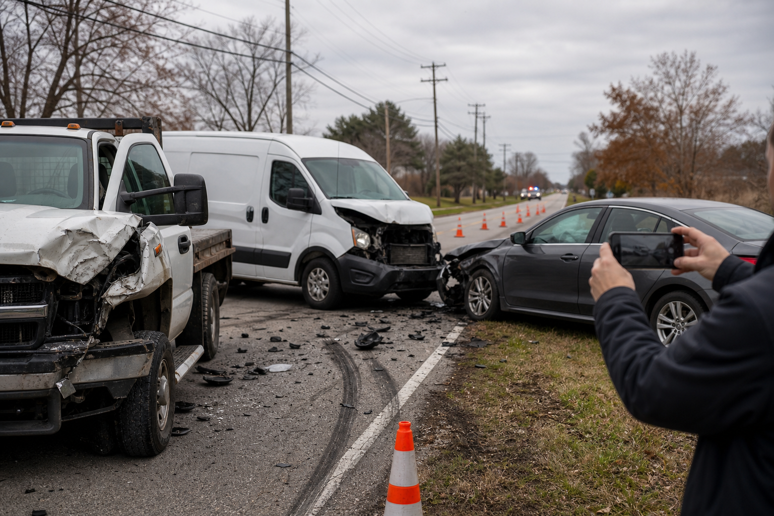 Commercial vehicle crash evidence being documented on a Fort Wayne roadside