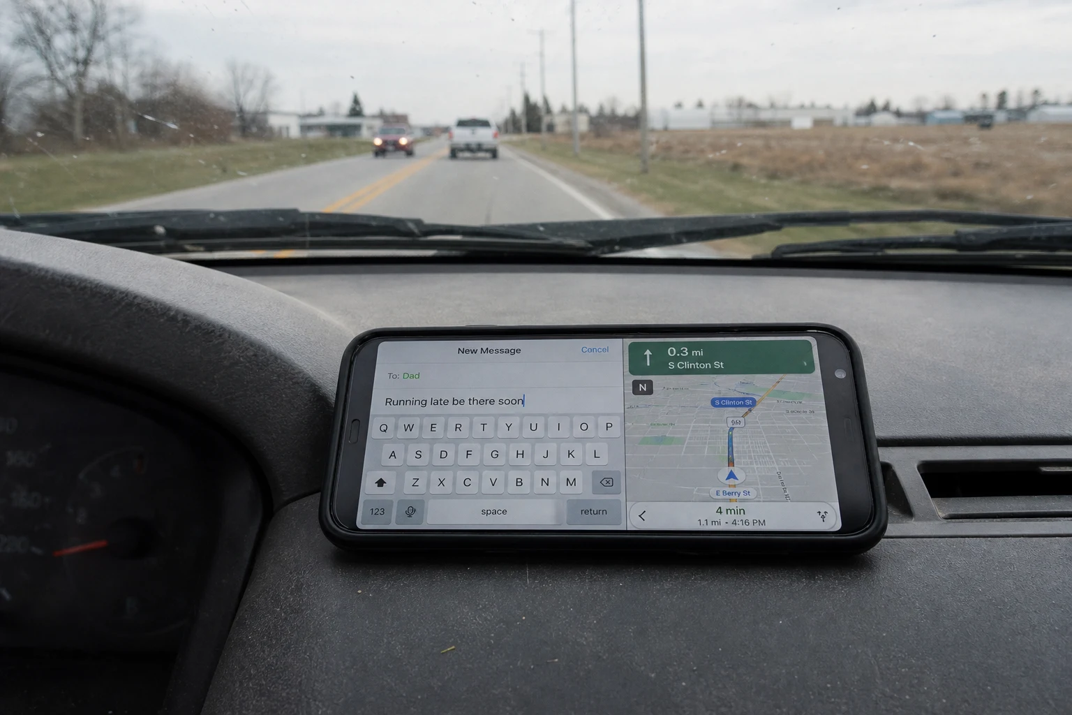 Fort Wayne distracted-driving crash scene — phone on dash