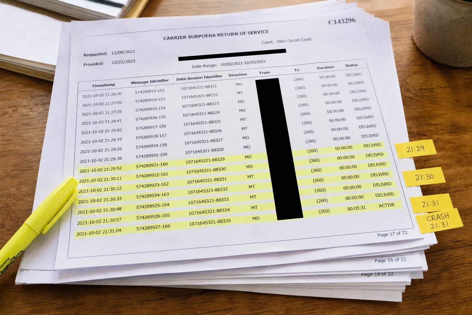 Fort Wayne distracted-driving crash scene — cellular records printout