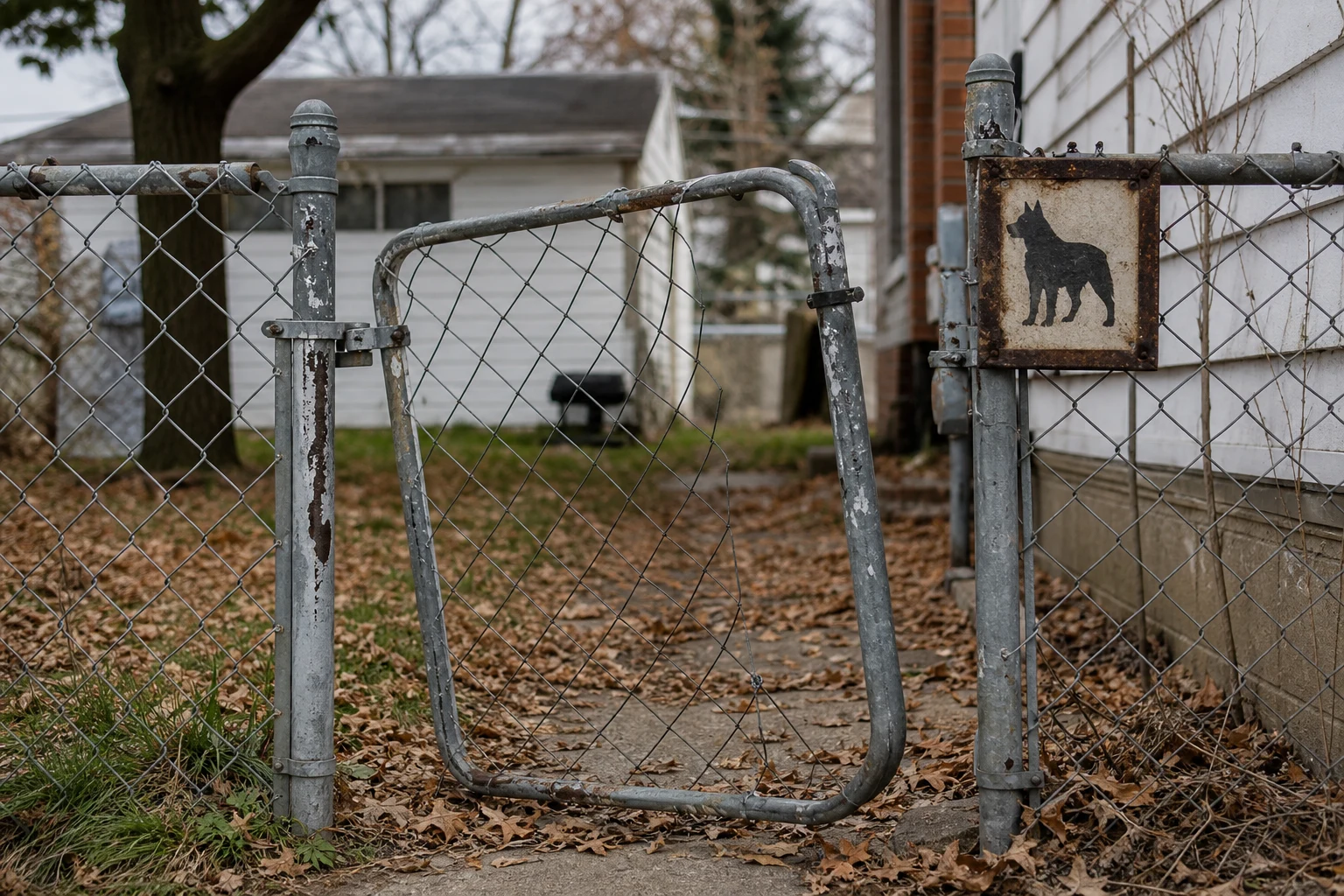Chain-link backyard gate hanging open with a broken latch on a Fort Wayne residential property, paint chipped, a BEWARE OF DOG sign on the post, autumn leaves on the ground — the kind of premises evidence a Fort Wayne dog bite attorney documents
