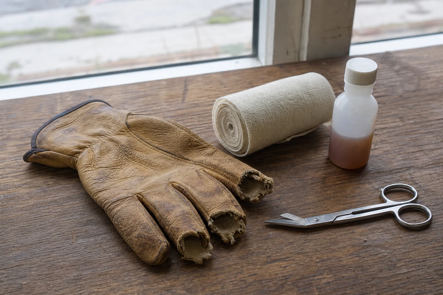 Torn leather work glove with bite marks, a roll of gauze bandage, a bottle of antiseptic, and medical scissors on a wooden table — the immediate aftermath of a Fort Wayne dog bite incident