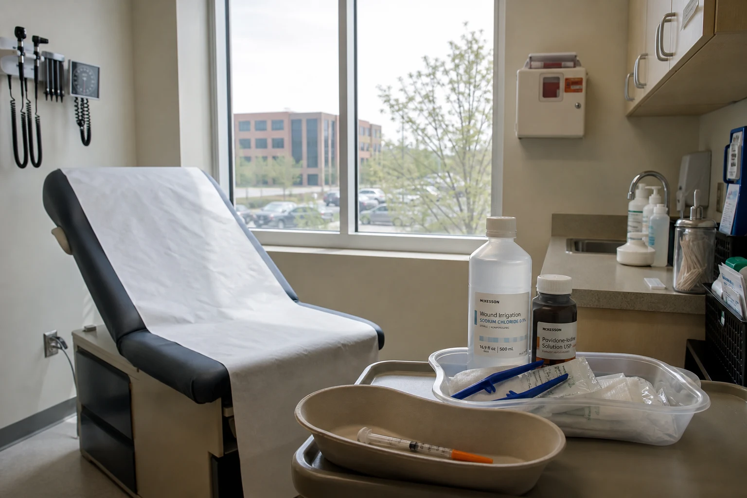 Empty Fort Wayne urgent care exam room with a paper-covered exam table, a wound-irrigation kit, a tetanus syringe in a kidney basin, and antiseptic bottles — the medical record an Indiana dog bite attorney works from