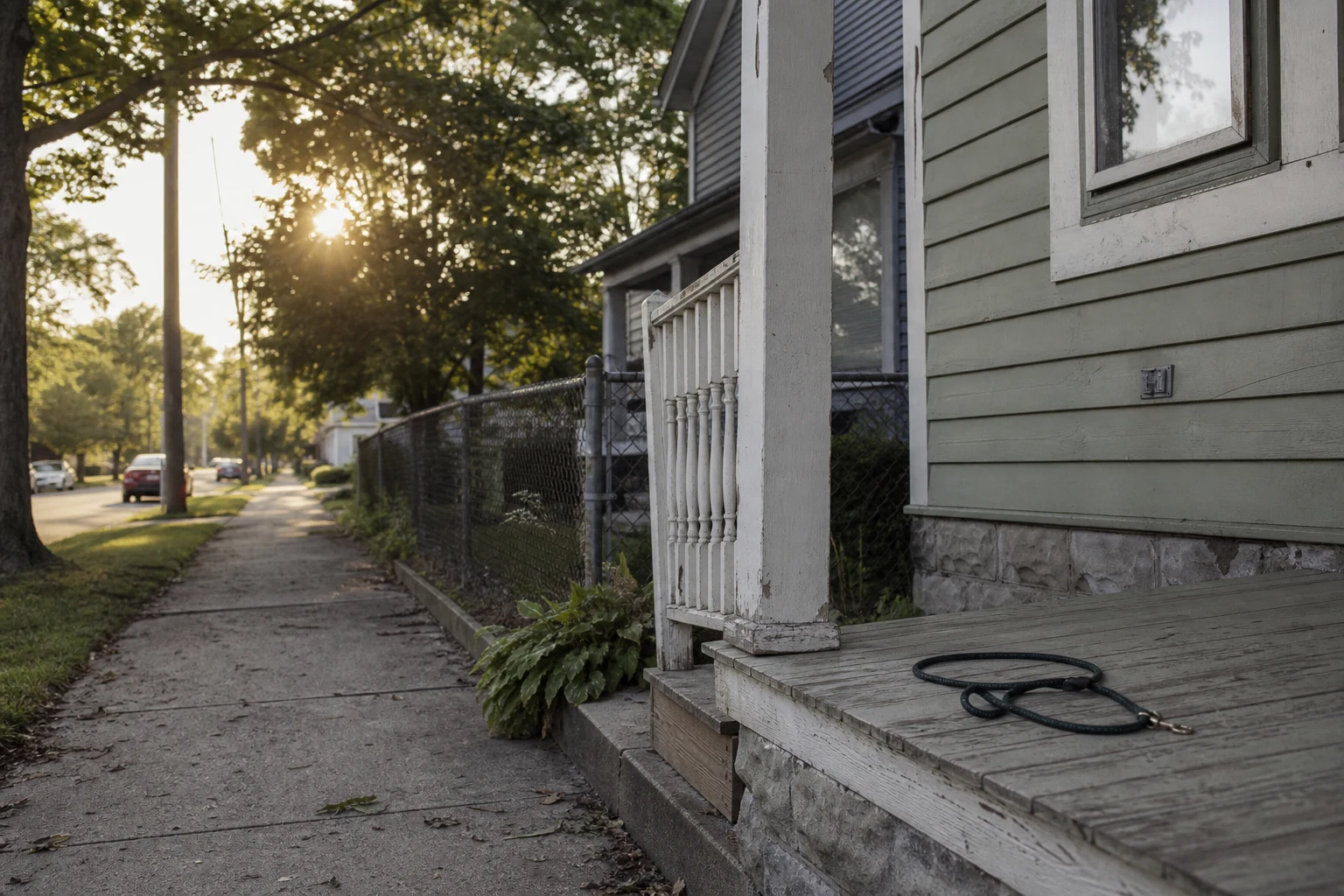 Fort Wayne residential sidewalk passing in front of a wood-frame house with a fenced front yard at golden hour, a leash coiled on the porch step — the neighborhood setting of most Allen County dog bite cases