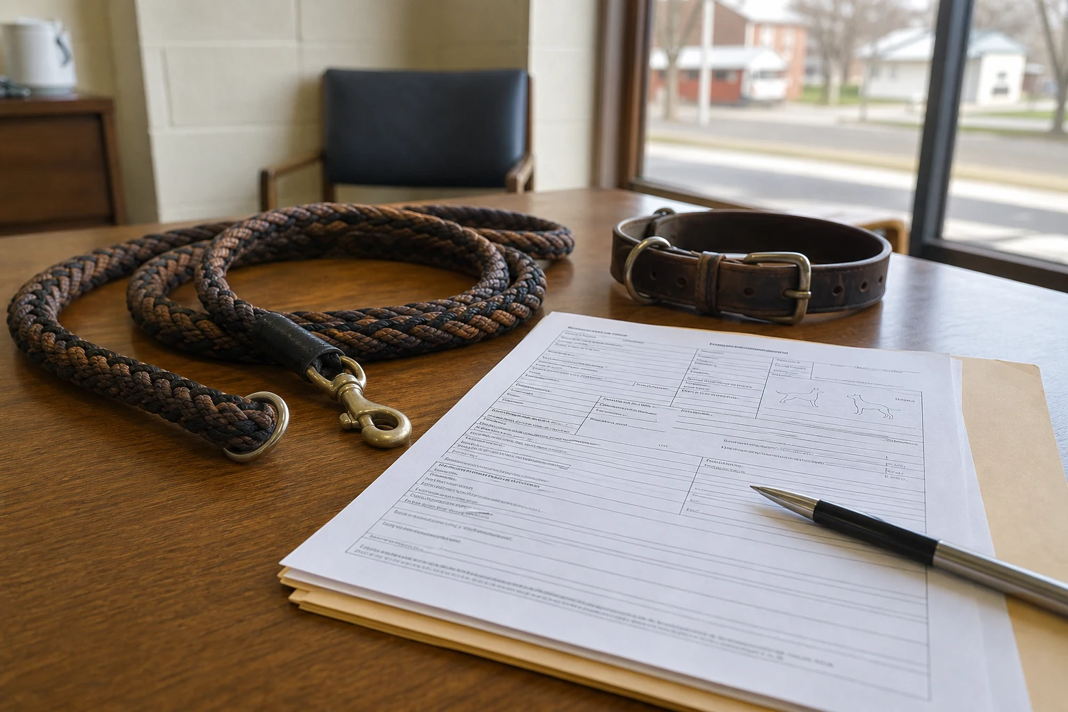 Heavy braided dog leash and leather collar on a wooden table with a printed Animal Control incident form, a manila folder, and a pen — the chain-of-custody an Indiana dog bite lawyer maintains