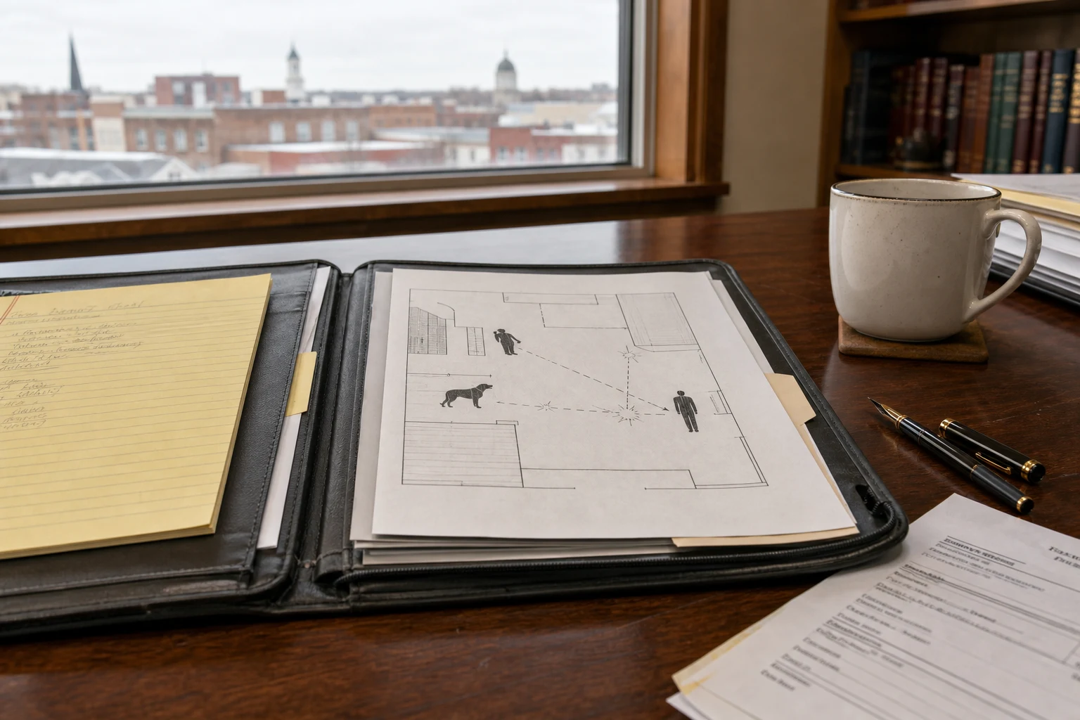 At a Fort Wayne dog bite attorney's wooden desk — an open case-file portfolio with a printed dog-bite incident diagram, an Indiana homeowner's insurance declaration page corner, a coffee mug, a fountain pen
