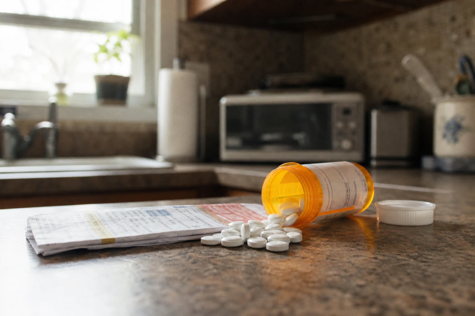 Amber prescription pill bottle on its side on a Fort Wayne kitchen counter with white tablets spilled, a printed pharmacy-instruction sheet folded next to it — the everyday medication setting behind every Fort Wayne drug injury claim