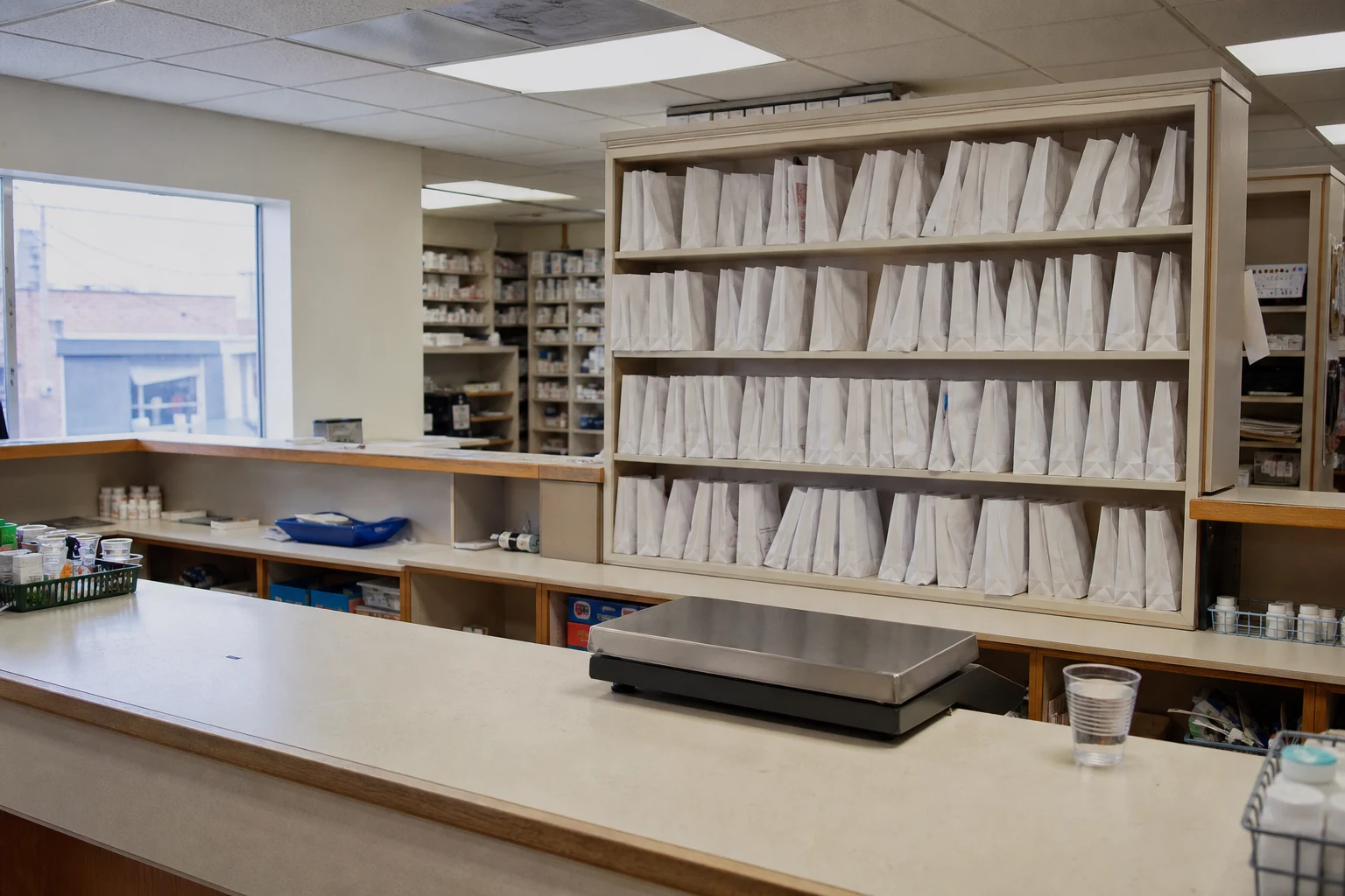 Empty pharmacy counter with rows of unopened prescription bags on a shelf, a counter scale, and a small water cup under fluorescent lights — the pharmacy chain of custody an Indiana drug injury attorney audits