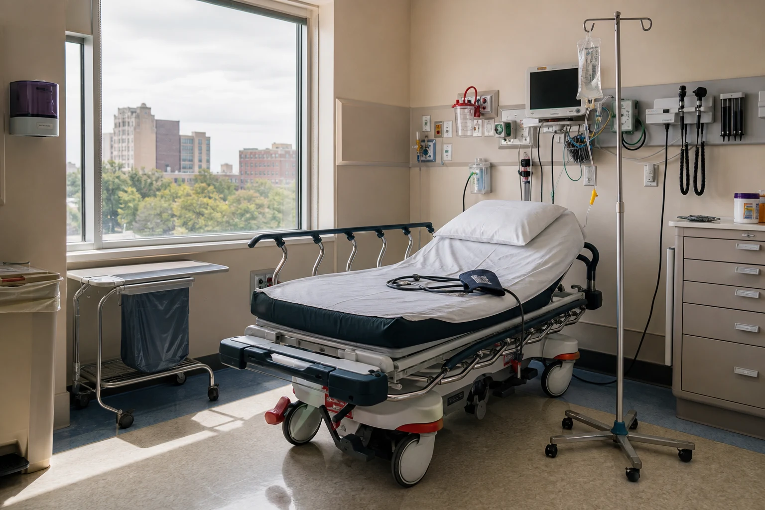 Empty Fort Wayne ER bay with a wheeled stretcher, an IV pole with hanging saline, a heart-rate monitor, and a blood-pressure cuff on the bed — the medical response to acute drug-injury complications