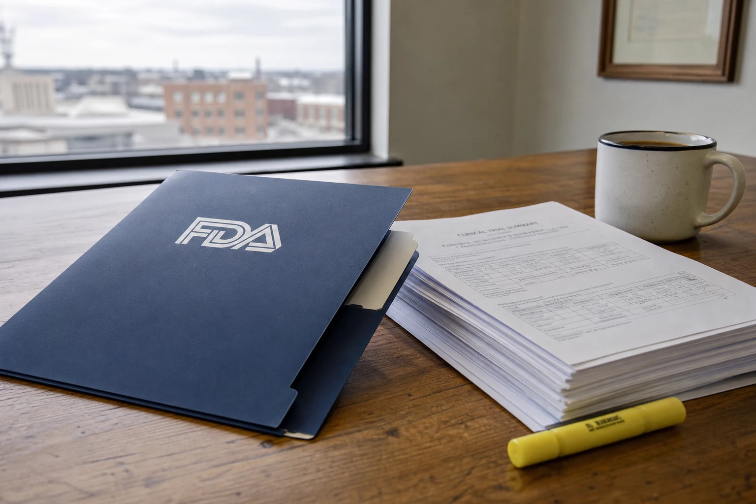Open blue folder labeled with a Food and Drug Administration logo on a wooden desk with a stack of clinical-trial summary sheets, a yellow highlighter, and a coffee mug — the regulatory evidence a Fort Wayne drug injury lawyer cites
