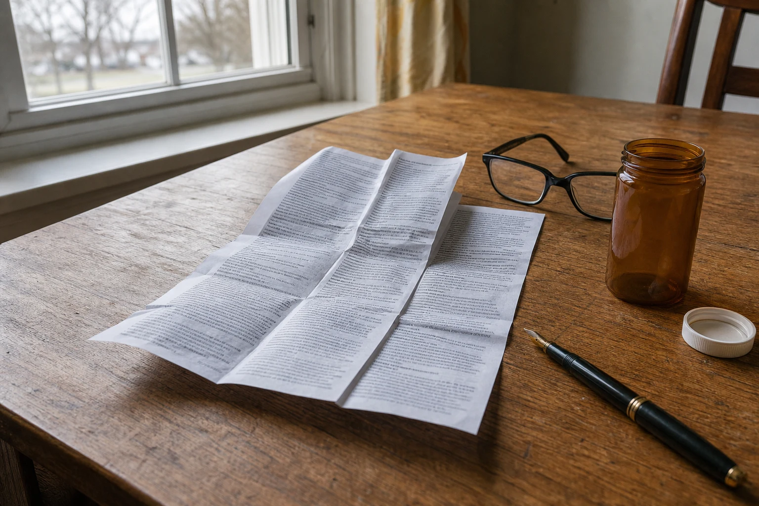 Folded pharmaceutical warning insert opened on a wooden table next to an empty pill bottle, a pair of reading glasses, and a fountain pen — the warning label every Indiana drug injury lawsuit references