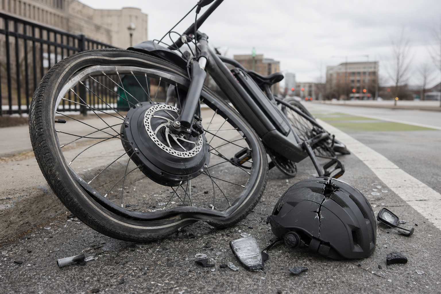 Damaged electric bicycle wheel and helmet after an e-bike crash investigation.