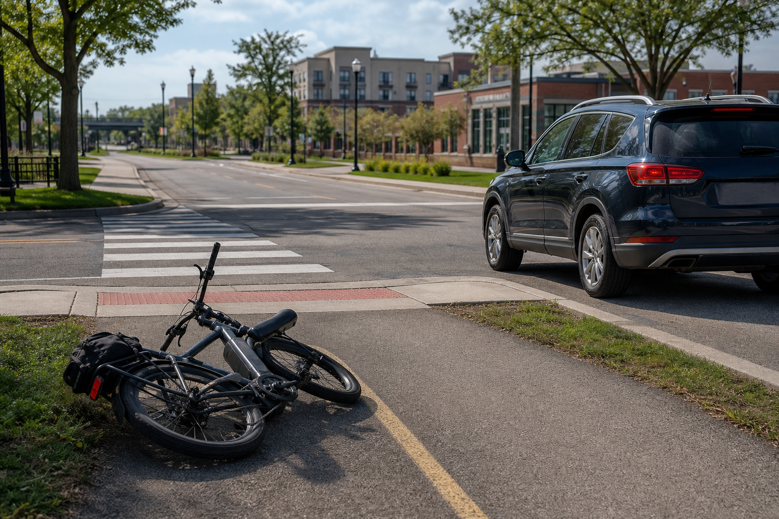 Electric bicycle near a Fort Wayne trail crossing where roadway traffic can create crash risk.