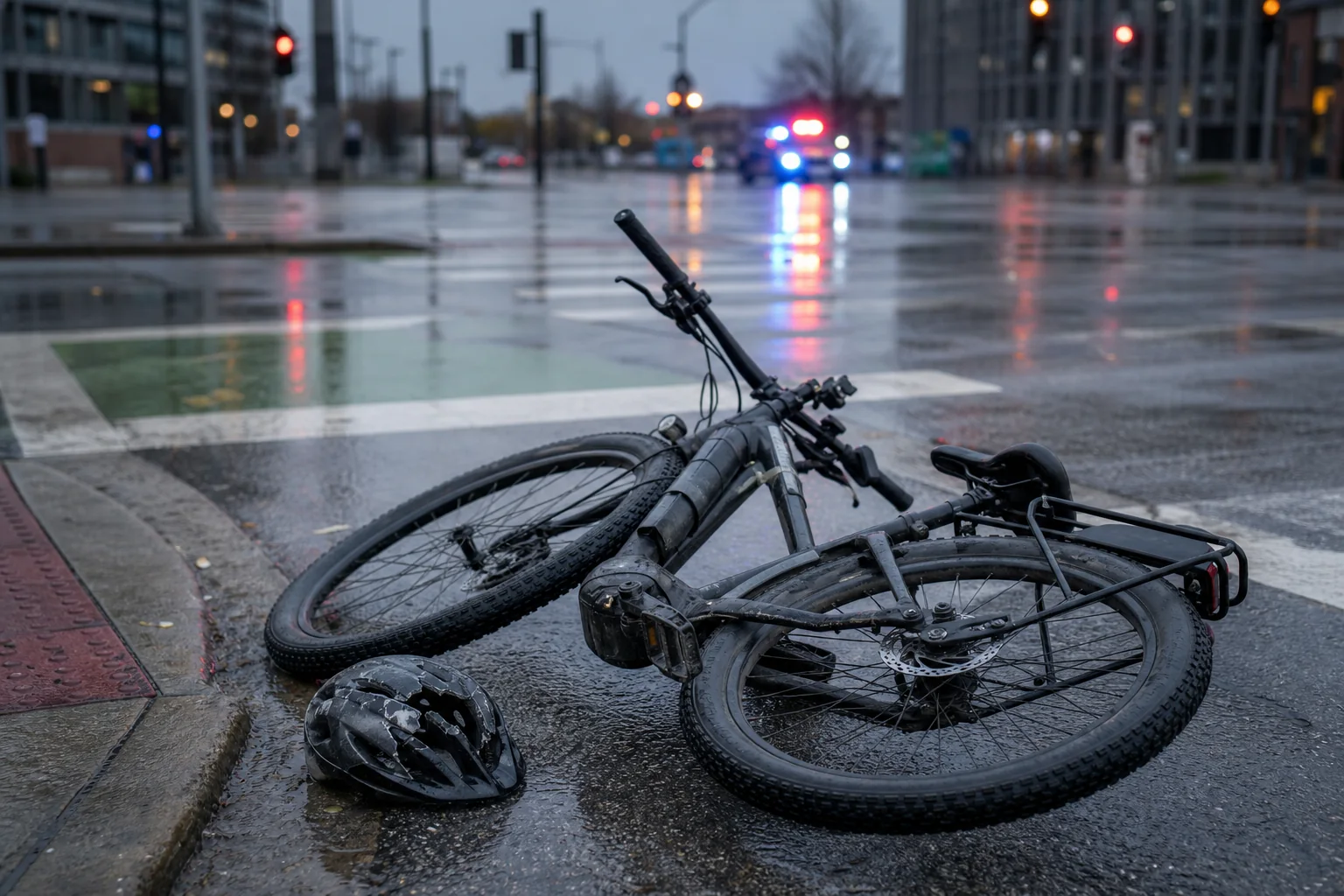 E-bike and cracked helmet near an Indiana intersection after a crash.