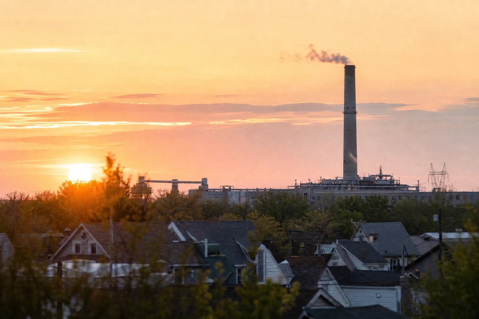 Industrial smokestack on the edge of a Fort Wayne factory at sunrise with a faint exhaust plume and residential rooftops in soft focus — the kind of emissions a Fort Wayne environmental injury attorney traces back to long-term exposure claims