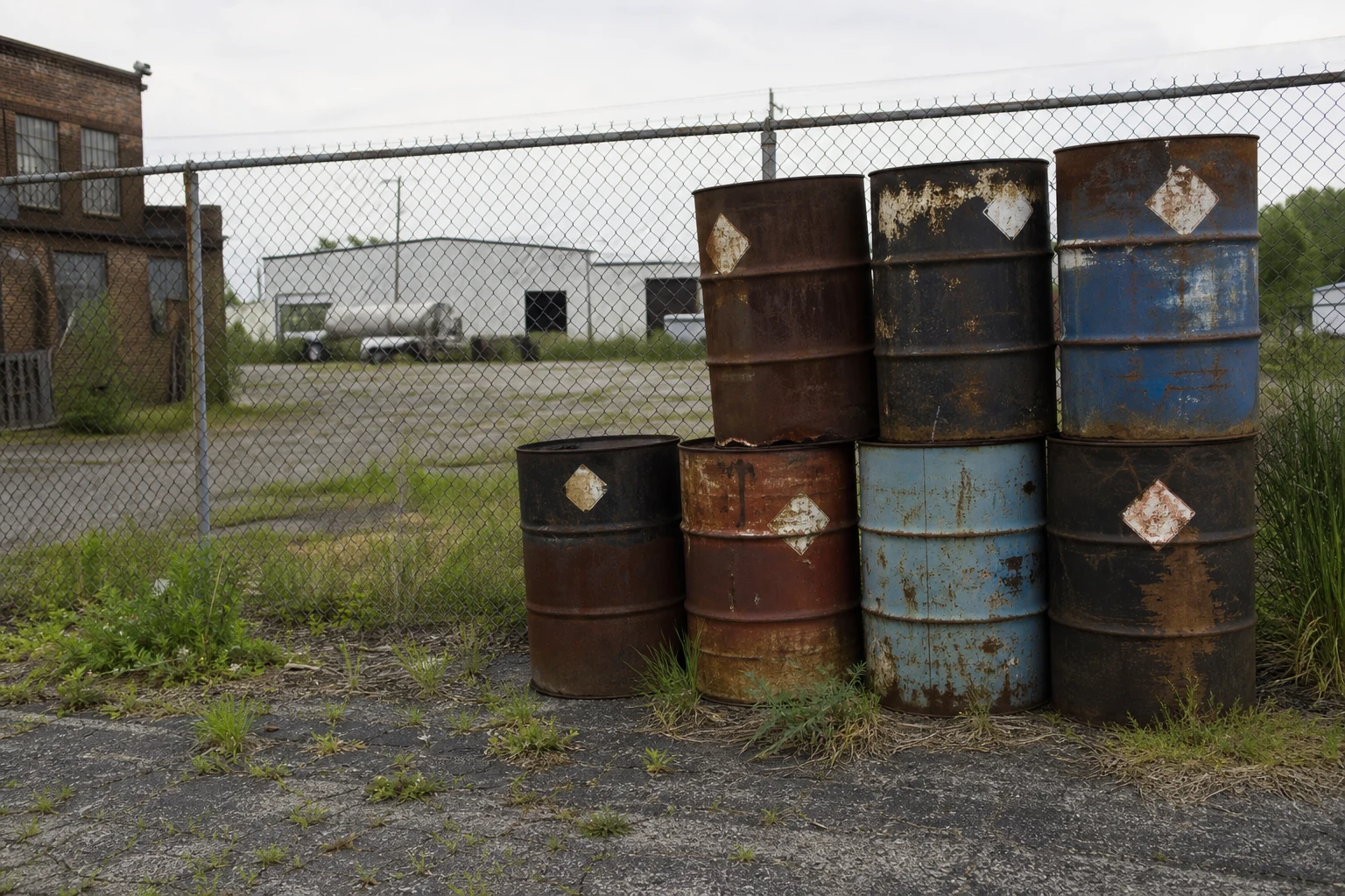 Rusted 55-gallon steel drums stacked against a chain-link fence in an industrial lot at midday with faded hazard labels and weeds growing through the asphalt — the kind of contamination an Indiana environmental injury lawyer investigates