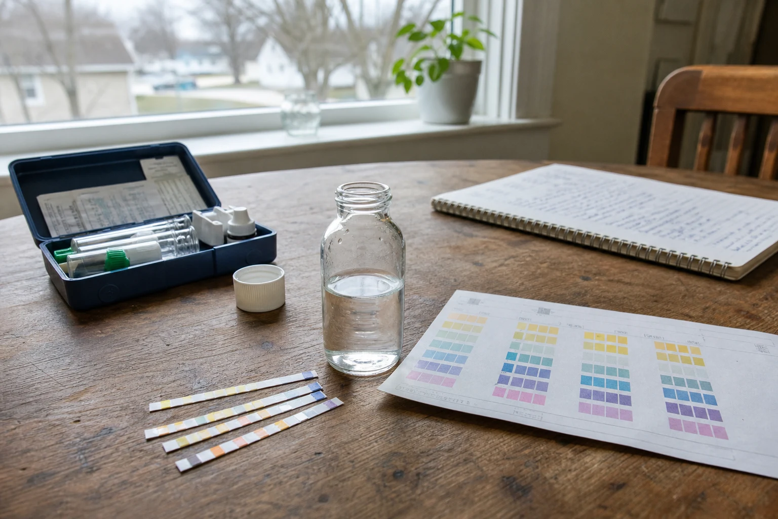 Residential water-test kit on a wooden table with a glass sample vial, color-coded test strips, a printed result chart, and a notebook — the documentation an Indiana environmental injury attorney builds water-contamination cases on
